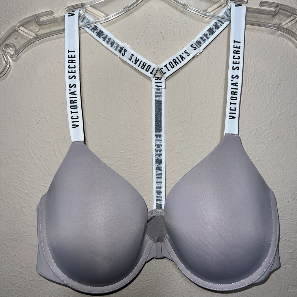 Victoria's Secret Grey Wired T-Shirt Bra 34D Racerback Logo Spell Out Straps - Picture 2 of 9